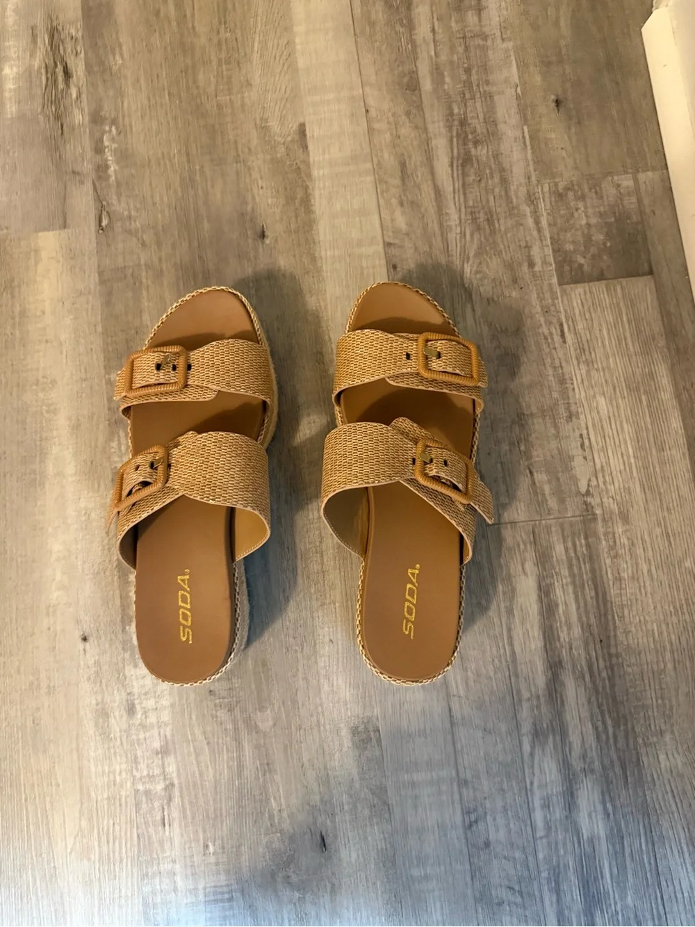 Soda Tan Woven Double-Buckle Slide Sandals - Picture 1 of 3